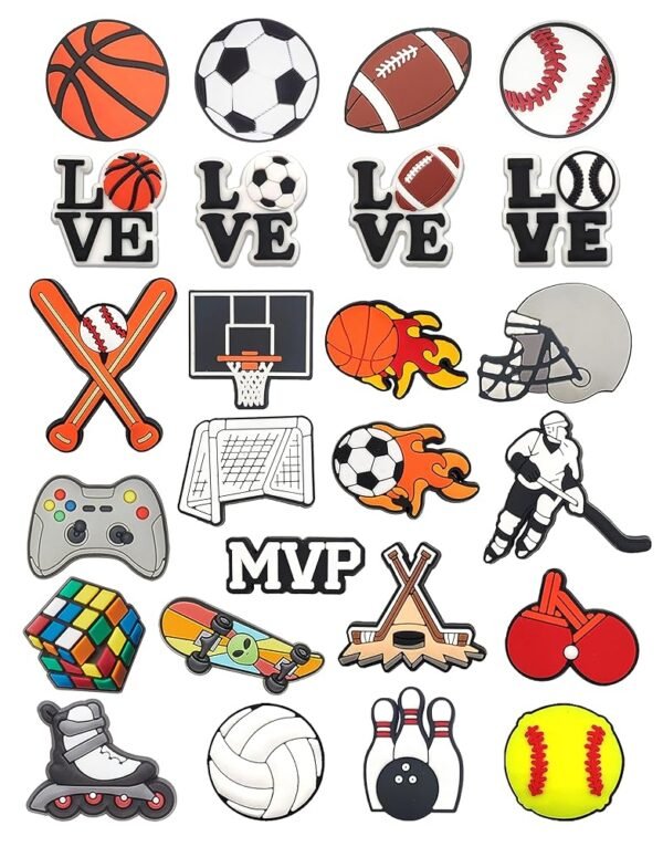 25Pcs Shoe Charms for Boys Shoe Decorations Football Basketball Baseball with Buttons for Clog Sandals Birthday Party Gift