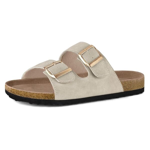 mysoft Womens Flat Sandals Cork Footbed Slides 2 Straps Adjustable Buckle Slip On Summer with +Comfort Shoes