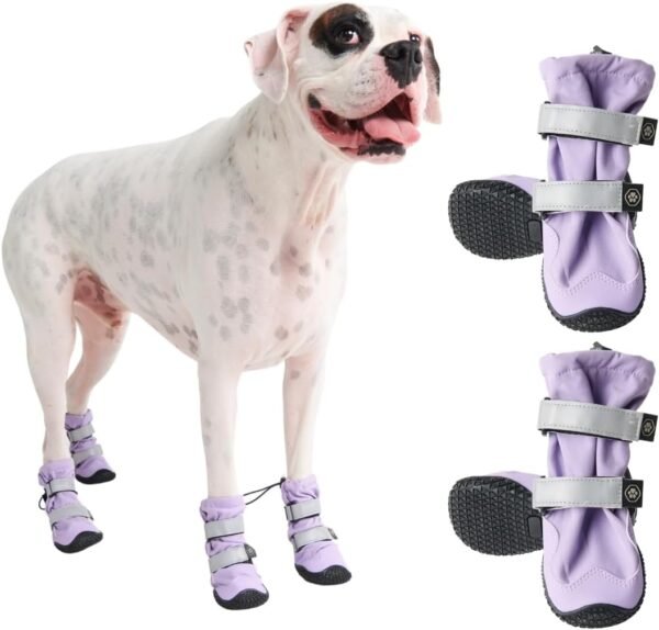 Spark Paws Water-Resistant Dog Boots for Medium Large Dogs, Anti-Slip Dog Shoe Booties Paw Protector for Rain Snow Hiking Reflective Straps 4PCS - Lilac, E